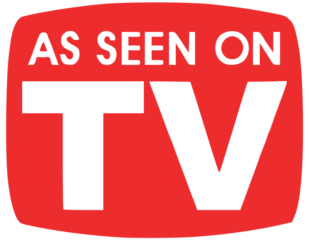 Red badge-shaped graphic with bold black text: 'AS SEEN ON TV'