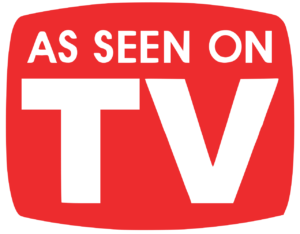 Red badge-shaped graphic with bold black text: 'AS SEEN ON TV'