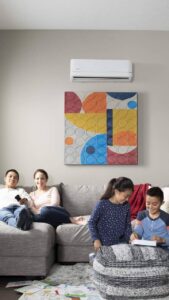Family of four relaxing on a gray sofa in a living room; a wall-mounted white AC unit sits above a colorful abstract painting.