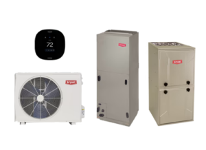 Bryant HVAC equipment: wall thermostat showing 72°, outdoor condenser unit, and two indoor furnaces/air handlers.