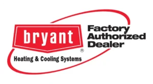 Bryant Heating & Cooling Systems logo with 'Factory Authorized Dealer' text and red swoosh mark.