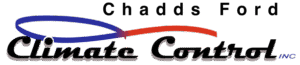 Chadds Ford Climate Control Inc. logo on a red background with a blue oval swoosh above the black script 'Climate Control'.