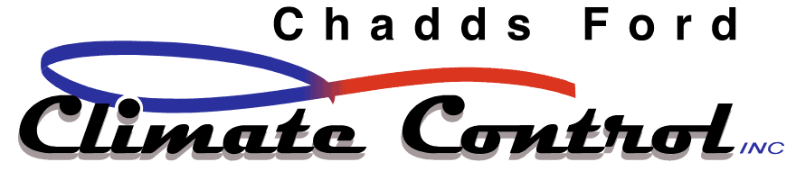 Chadds Ford Climate Control Inc. logo on a red background with a blue oval swoosh above the black script 'Climate Control'.