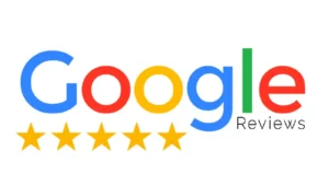 Google Reviews logo with five gold stars beneath it.