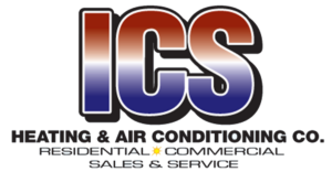 ICS Heating & Air Conditioning Co. logo with gradient red–blue letters and 'Residential & Commercial' tagline