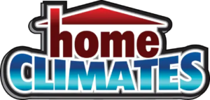 Logo for Home Climates featuring a red roof over the word 'home' and blue gradient 'CLIMATES'.