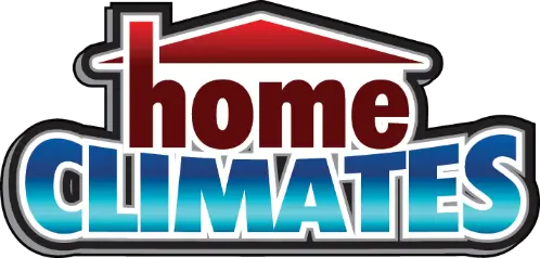 Logo for Home Climates featuring a red roof over the word 'home' and blue gradient 'CLIMATES'.