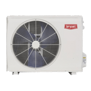 White Bryant outdoor air conditioner condenser with a large circular fan and protective grille