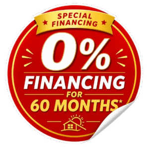 Red circular sticker advertising 0% financing for 60 months (Special Financing) with a peeled corner effect at the bottom-right.