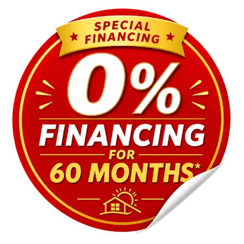 Red circular sticker advertising 0% financing for 60 months (Special Financing) with a peeled corner effect at the bottom-right.