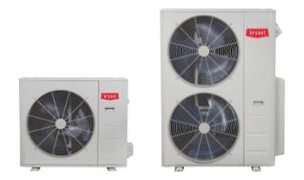 Two outdoor HVAC condenser units (one small, one large) with round fans behind protective grills.
