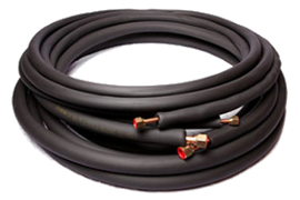 Coiled black rubber hose with small brass fittings at the ends on a white background.